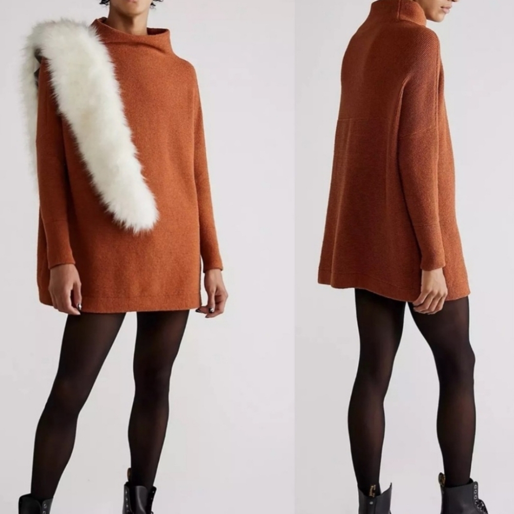 Free People Otto Slouchy Tunic Ribbed Sweater Rust Orange oversized size small